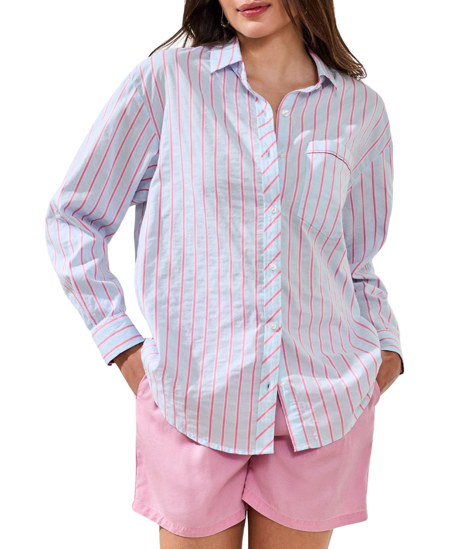 Women's Poplin Double Stripe Roll-Up-Sleeve Button-Front Shirt