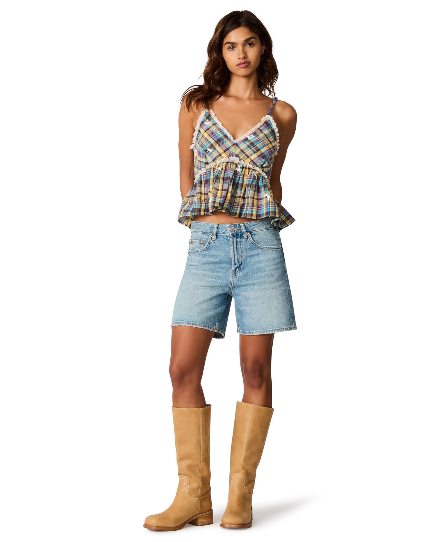 Women's Bryna Sleeveless Embroidered Plaid Peplum Top