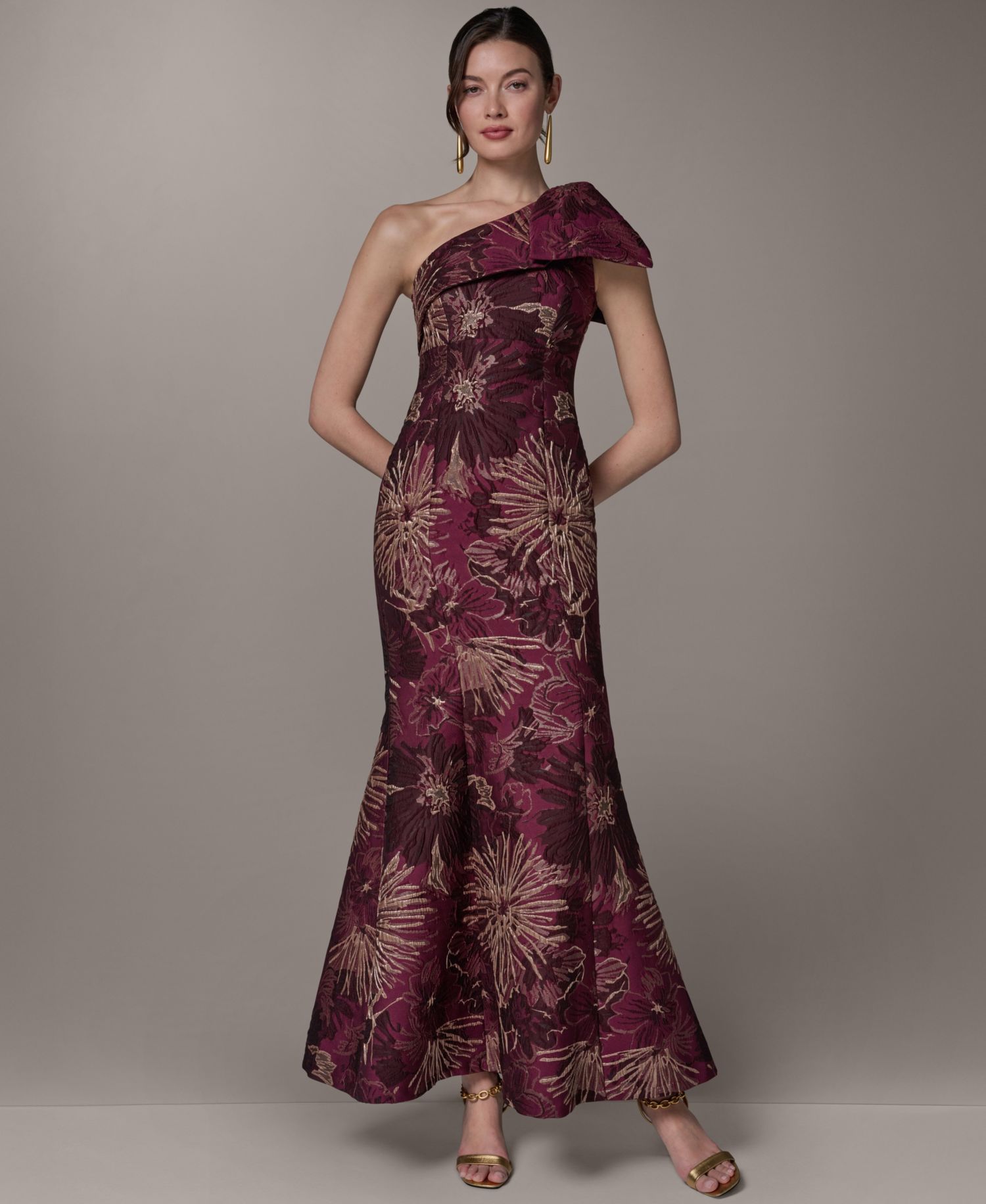 Women's Jacquard One-Shoulder Long Fit & Flare Dress