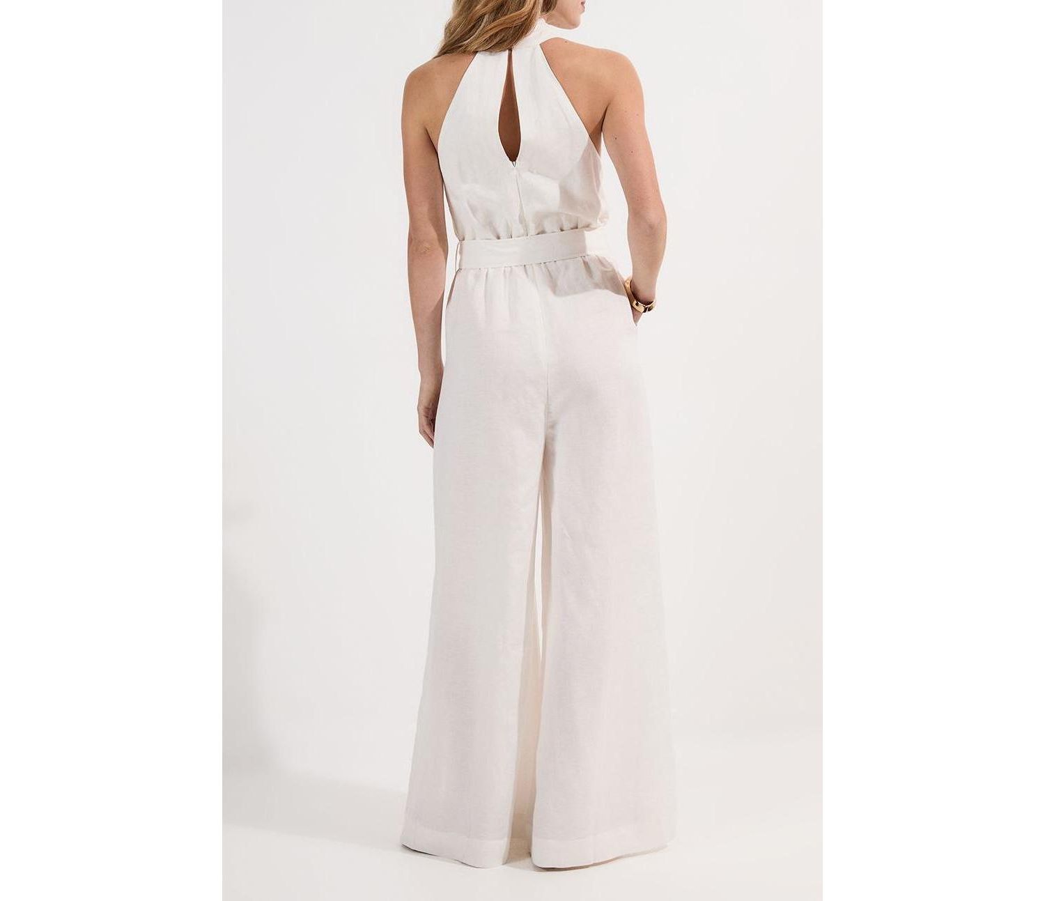 Women's Linen Blend Wide Leg Belted Jumpsuit