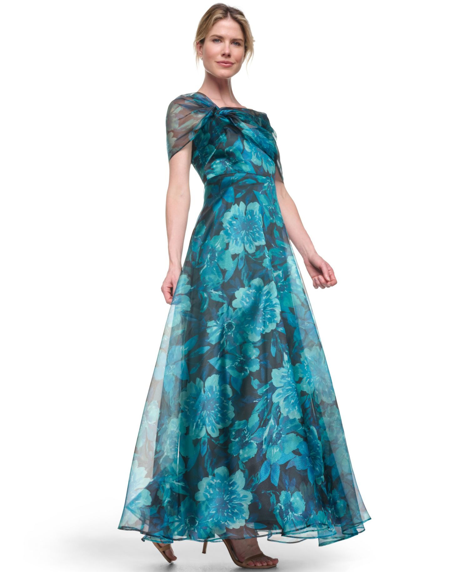 Petite Asymmetric Neck Cap-Sleeve Ball Gown
