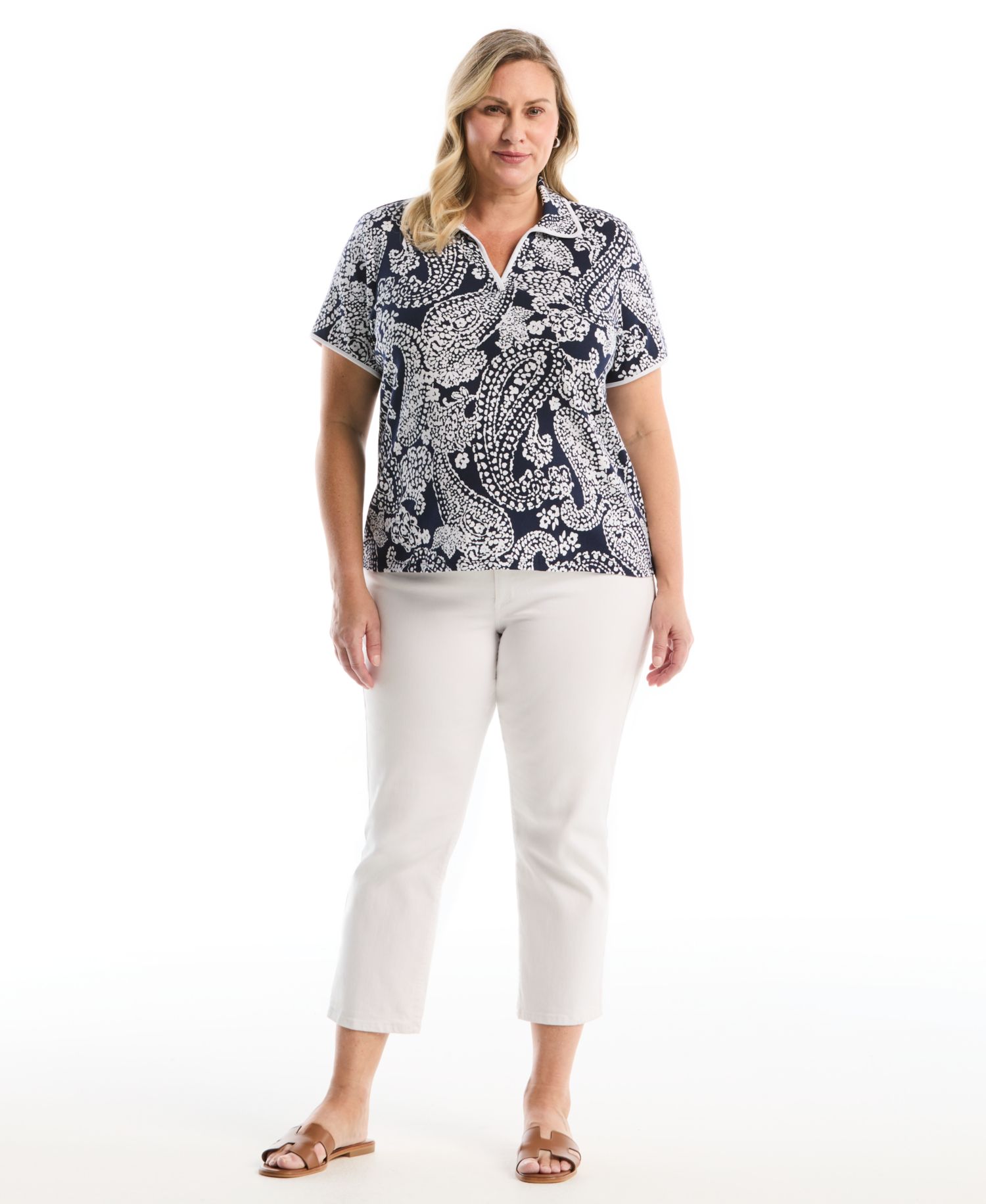 Plus Size Paisley Print Contrast Trim Johnny Collar Short-Sleeve Polo Shirt