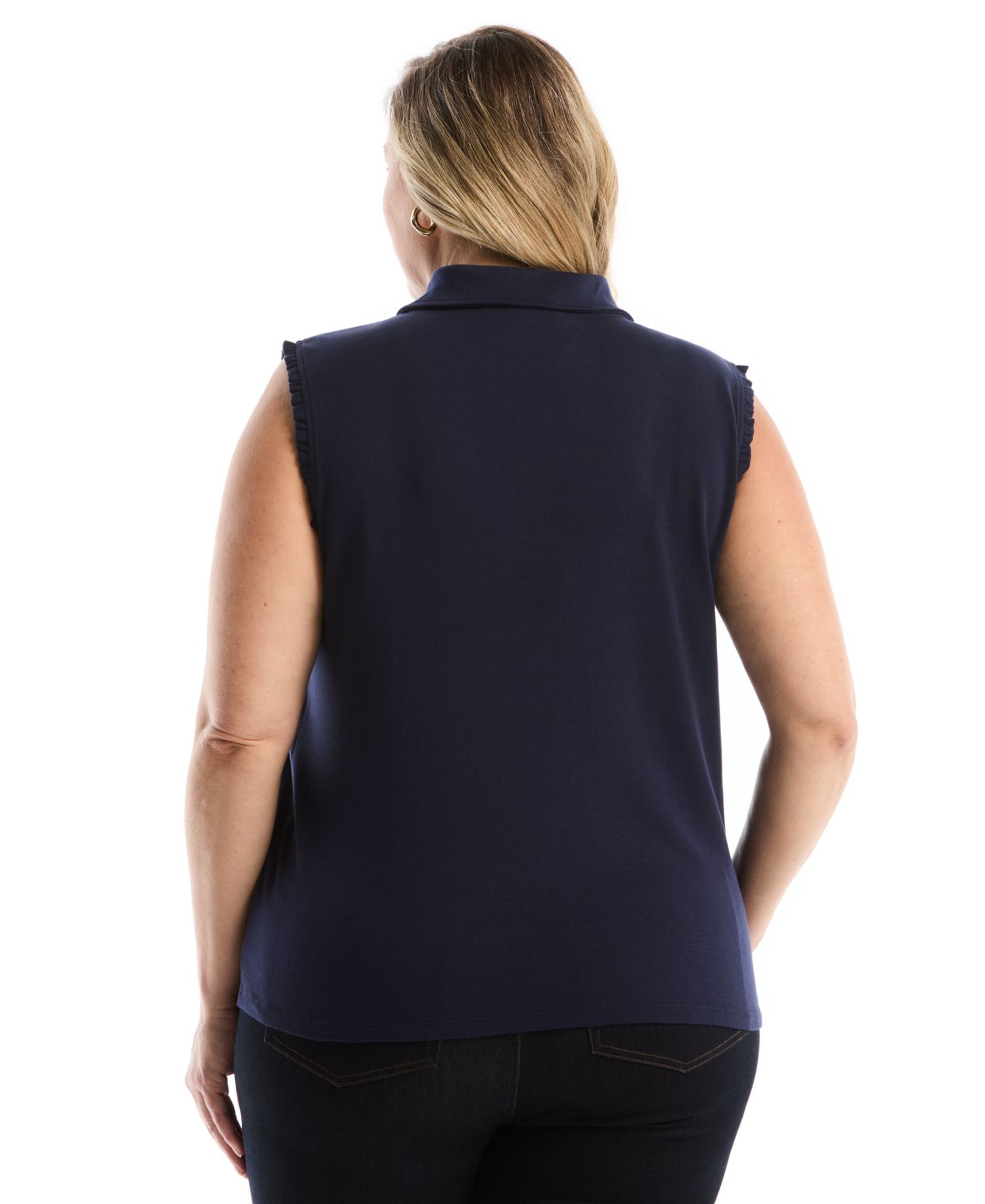 Plus Size Ruffle Trim Sleeveless Polo Shirt