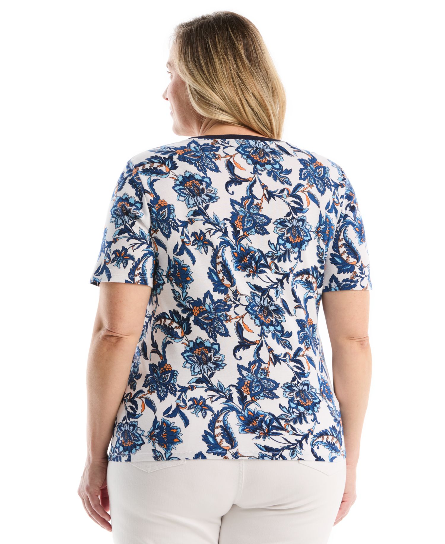 Plus Size Botanical Welt Pocket Button Detail Short-Sleeve Top