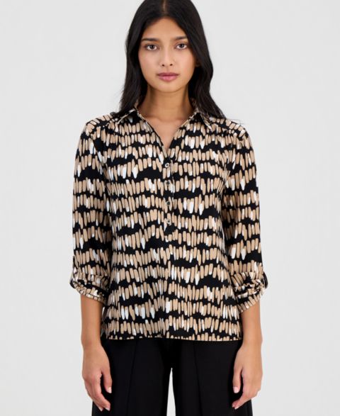 Женский топ Anne Klein Essentials Printed Collared 3/4-Sleeve Top, цвет: Чёрный разноцветный