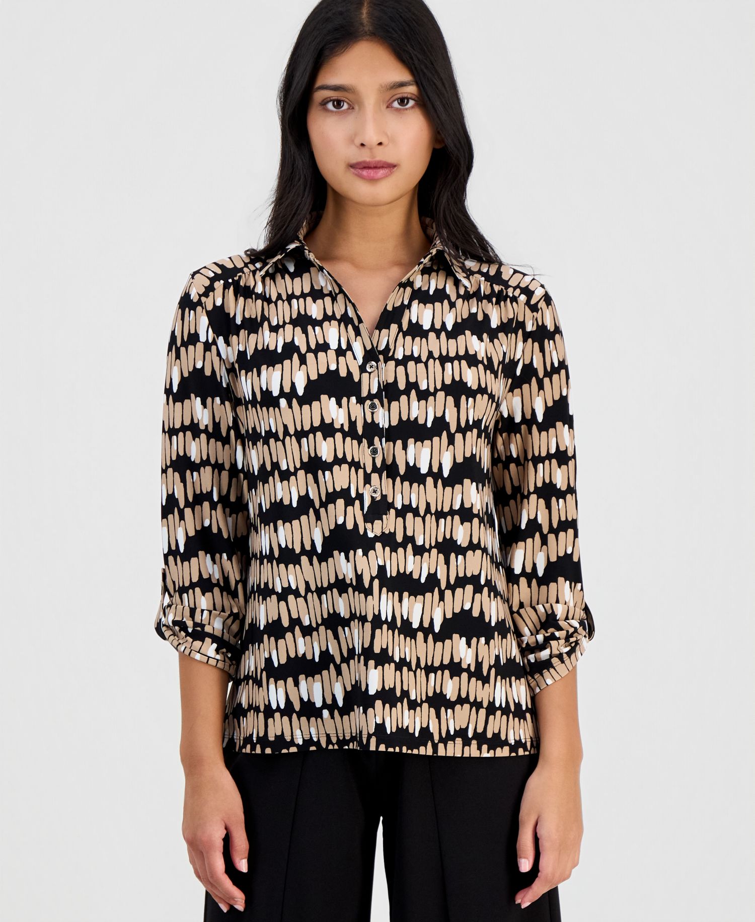 Women's Printed Collared 3/4-Sleeve Top