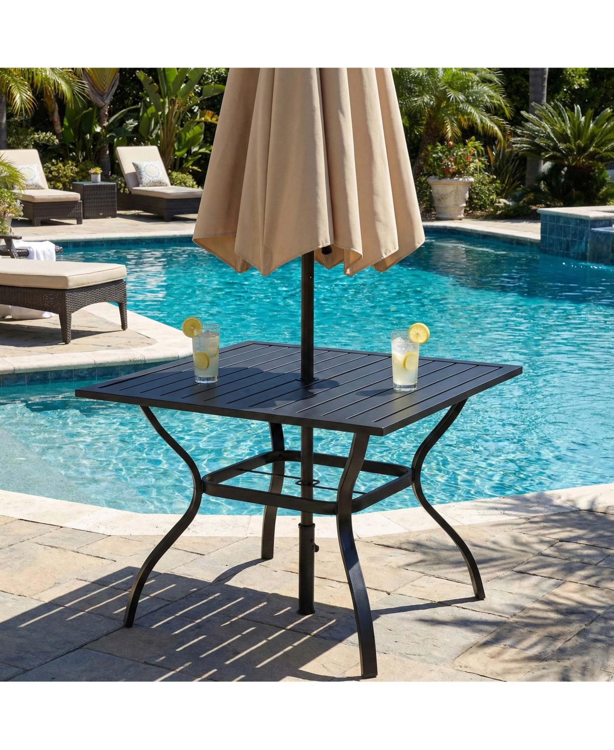 Clihome Metal Steel Slat Patio Dining Table, Square Backyard Bistro Table Outdoor Furniture Garden Table