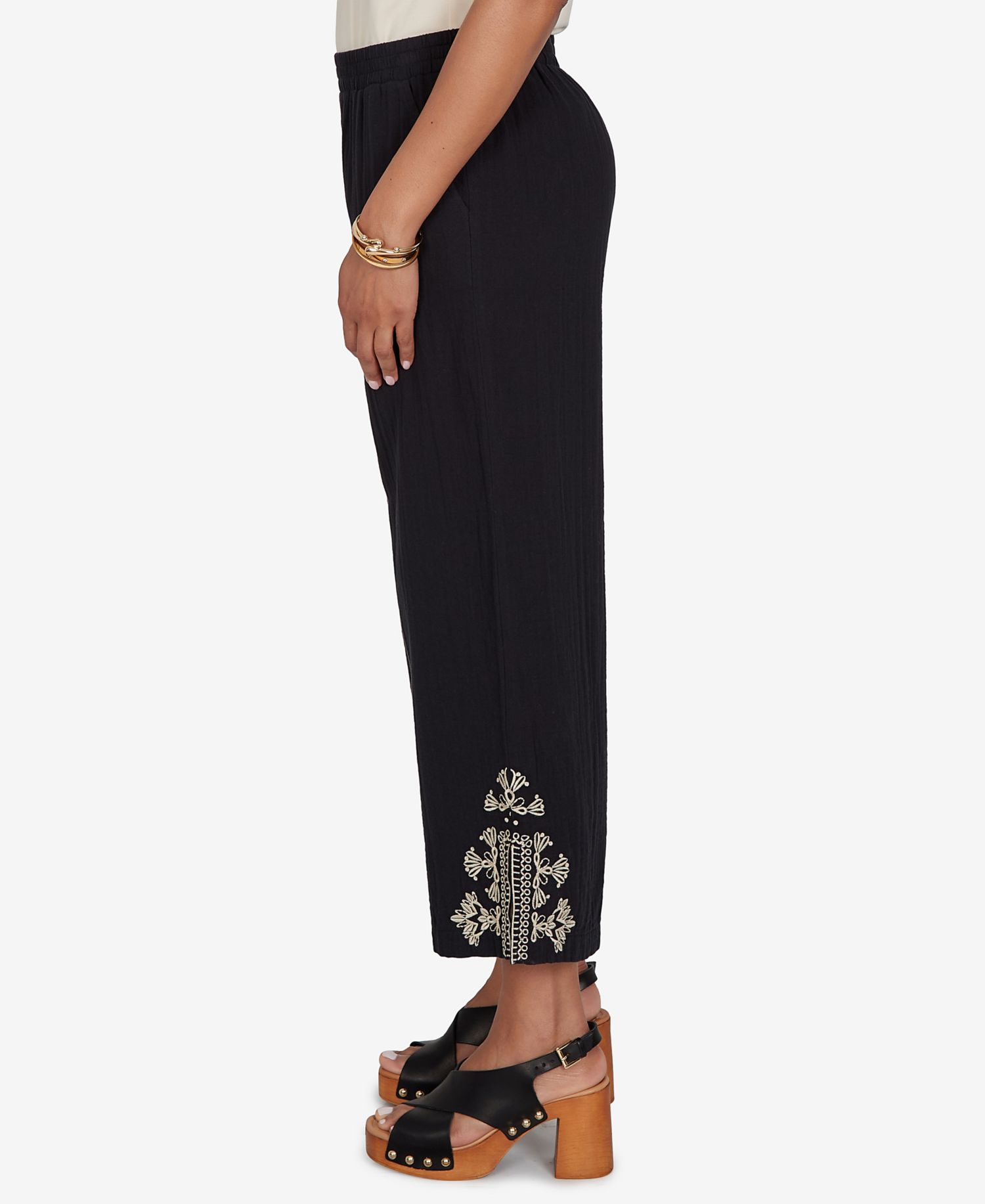 Petite Embroidered Gauze Relaxed Elastic Waistband Pants