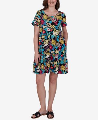 Petite Tropical Print Tiered Cotton Knit Pocket Dress