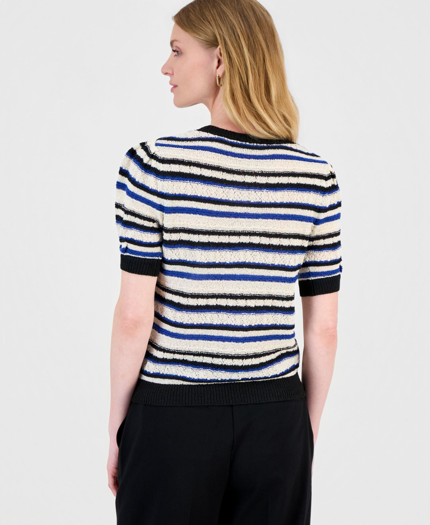 Women's Striped Puff-Sleeve Pointelle-Knit Top