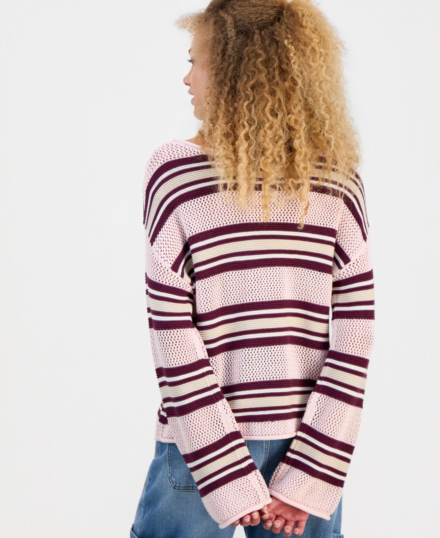 Juniors' Striped Open-Knit Bell-Sleeve Sweater