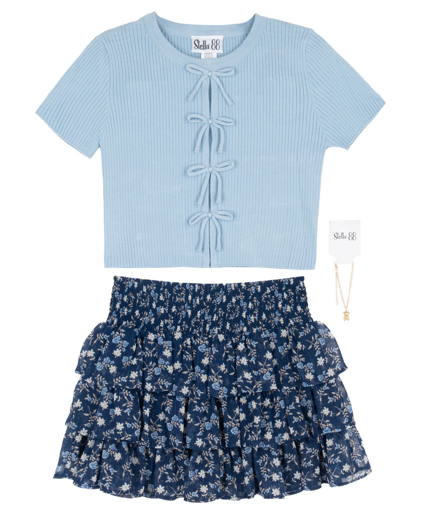 Комплект Rare Editions Rib Knit Bow Top and Skort, 2-Piece Set для девочек, цвет: Тёмно-синий — фото 4