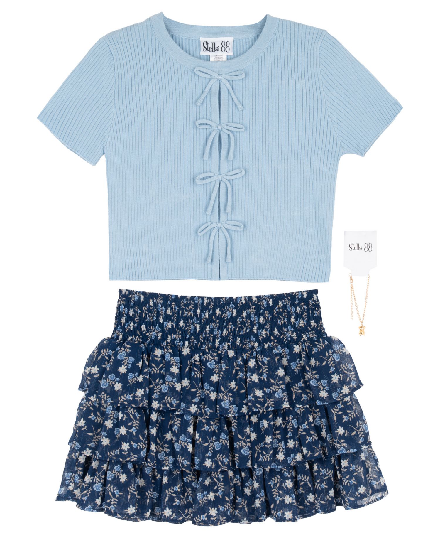 Girls' 7-16 Rib Knit Bow Top and Skort, 2-Piece Set