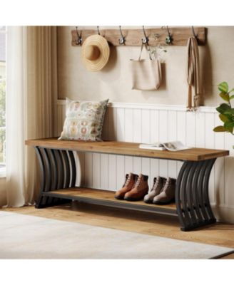 Industrial Entryway Bench with Metal Fram, Wood Indoor End of Bed Shoe Bench, 55" Long Storage Benches Seat