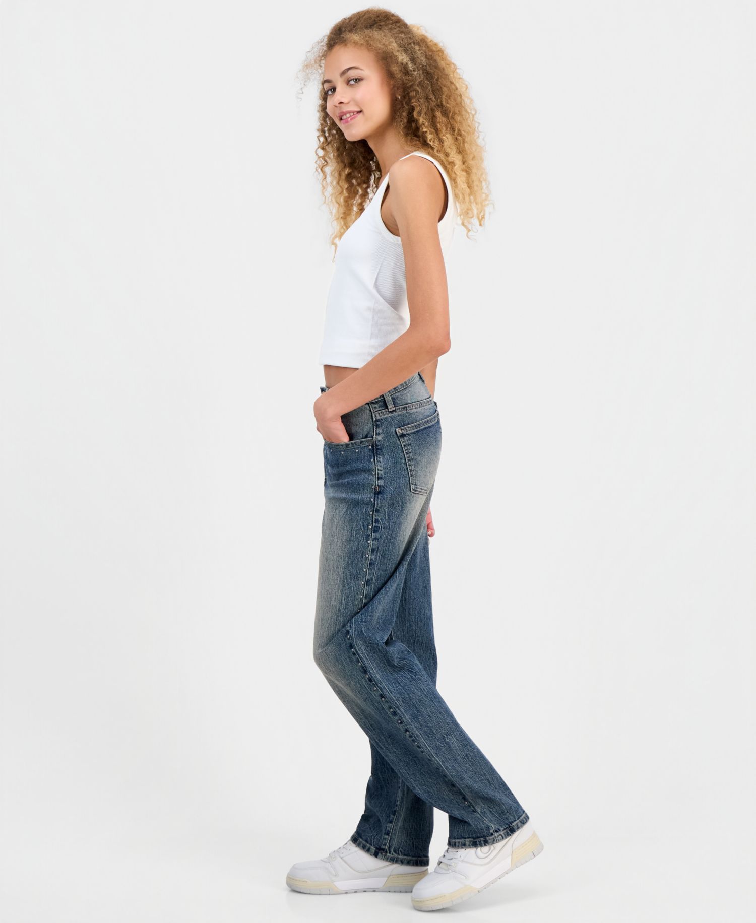 Juniors' Ultra High-Rise Studded Straight-Leg Jeans