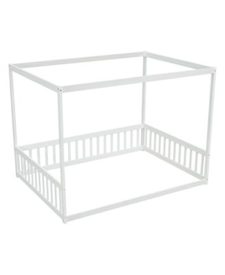Full Size Canopy Frame Rubber Wood Floor Bed with Fence,Guardrails
