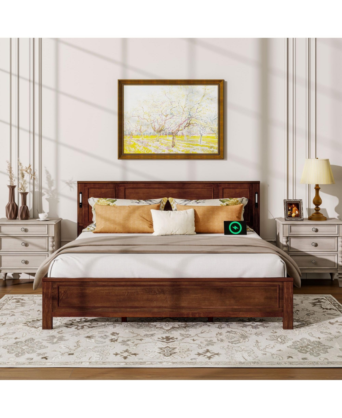 Clihome King Bed with Tall-Panel Headboard and Footboard, Built-in Led Lights, Usb Charging Station