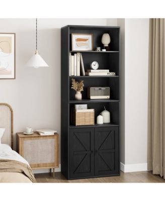 71.4 Inch Tall Farmhouse 6 Tier Bookcase with Barn Doors and Storage Cabinet