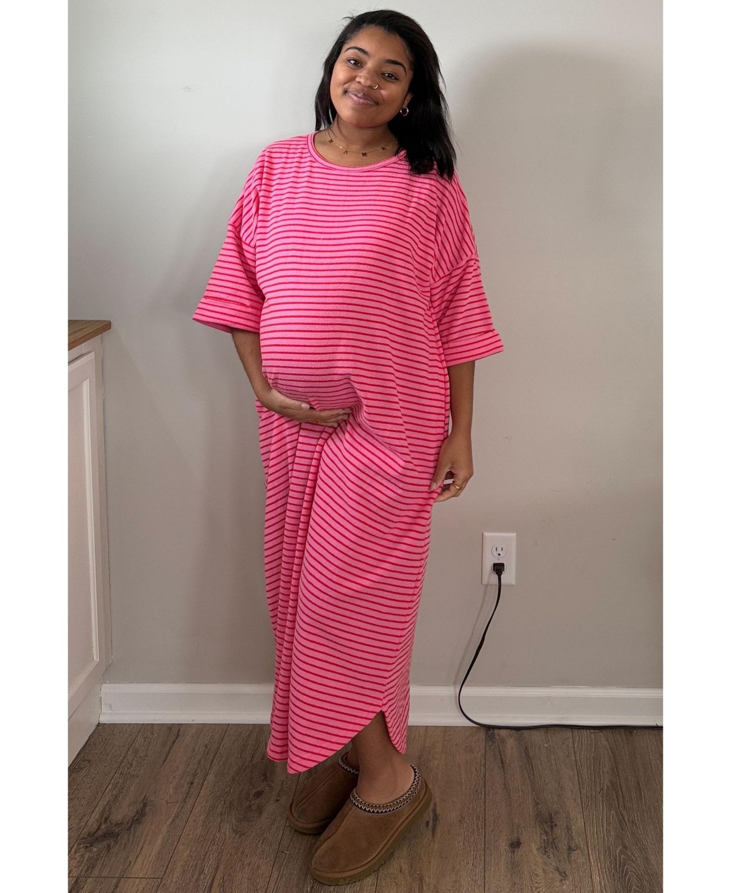 Women's Fuchsia Striped Terry Maxi Dress
