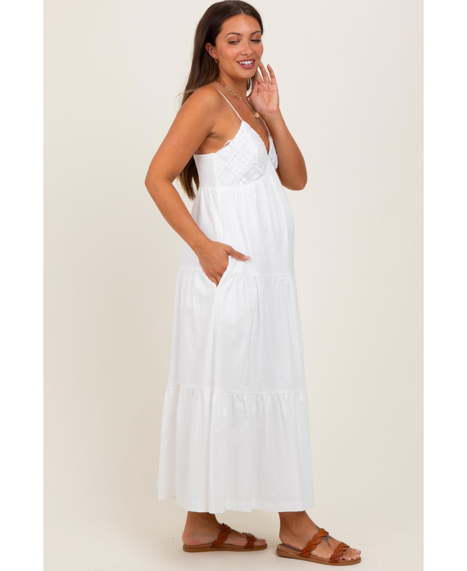 Women's White Crochet Flare Smocked Maxi Dress