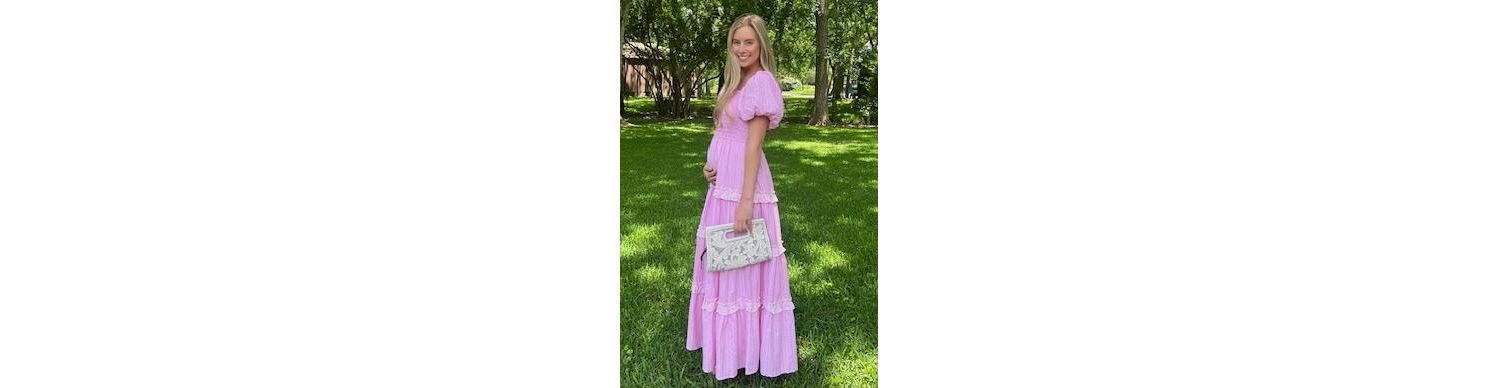 Women's Pink Smocked Ruffle Tiered Puff Sleeve Maxi Dress