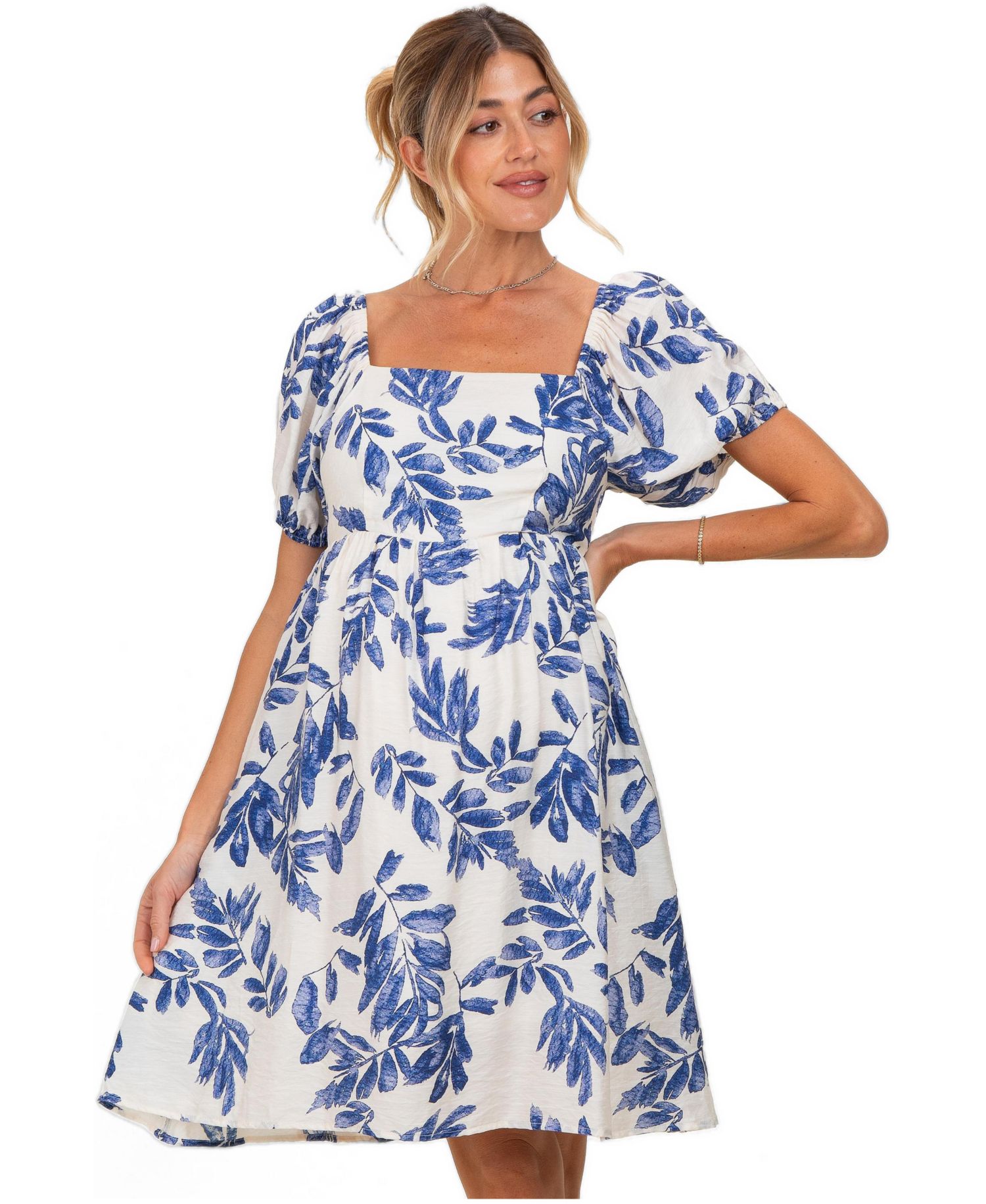 Women's Blue Floral Puff Sleeve Dress