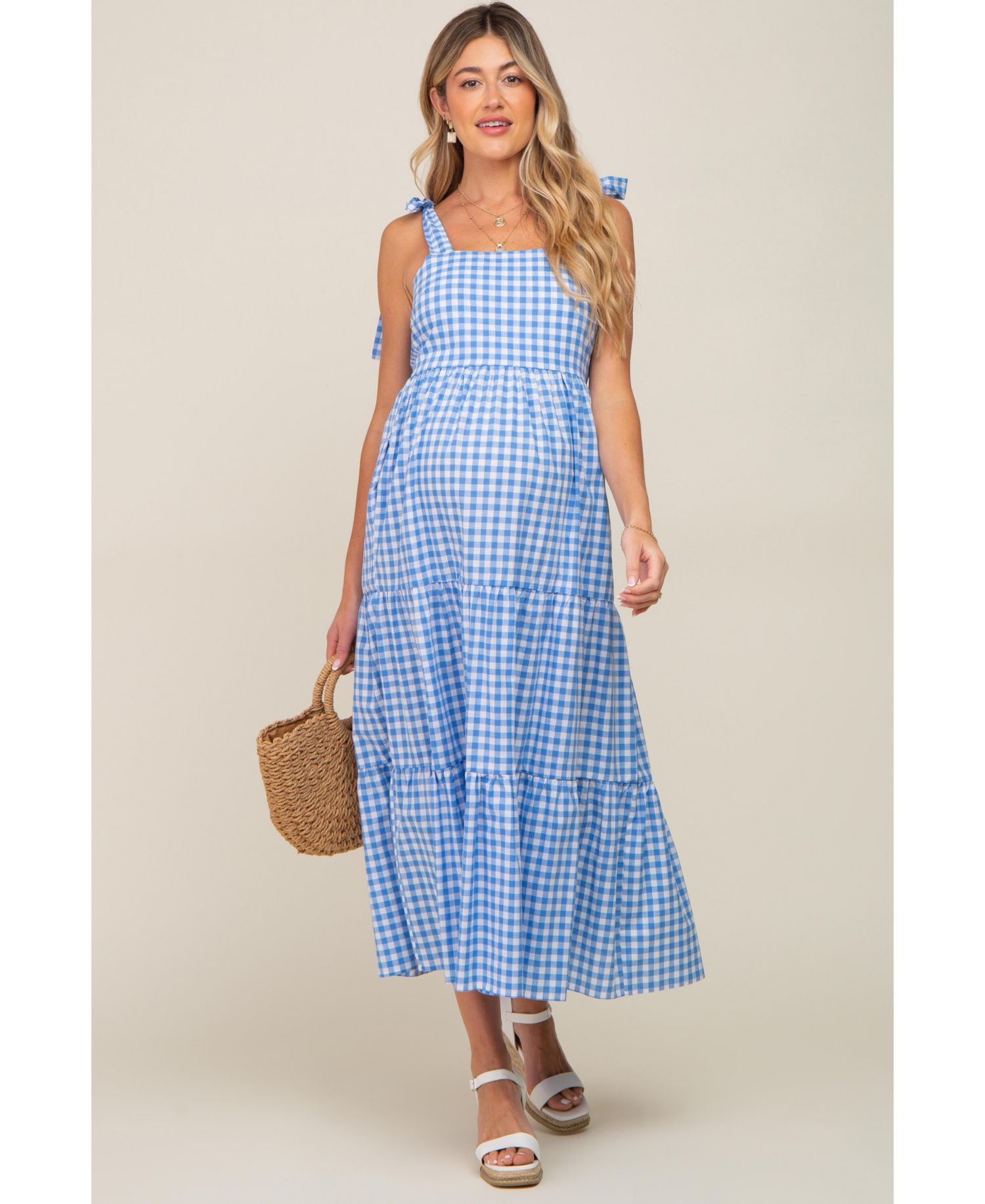 Women's Blue Checkered Sleeveless Tiered Maxi Dress