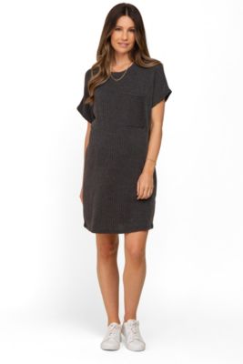 Maternity Charcoal Ribbed Front Pocket Dolman Short Sleeve Dress