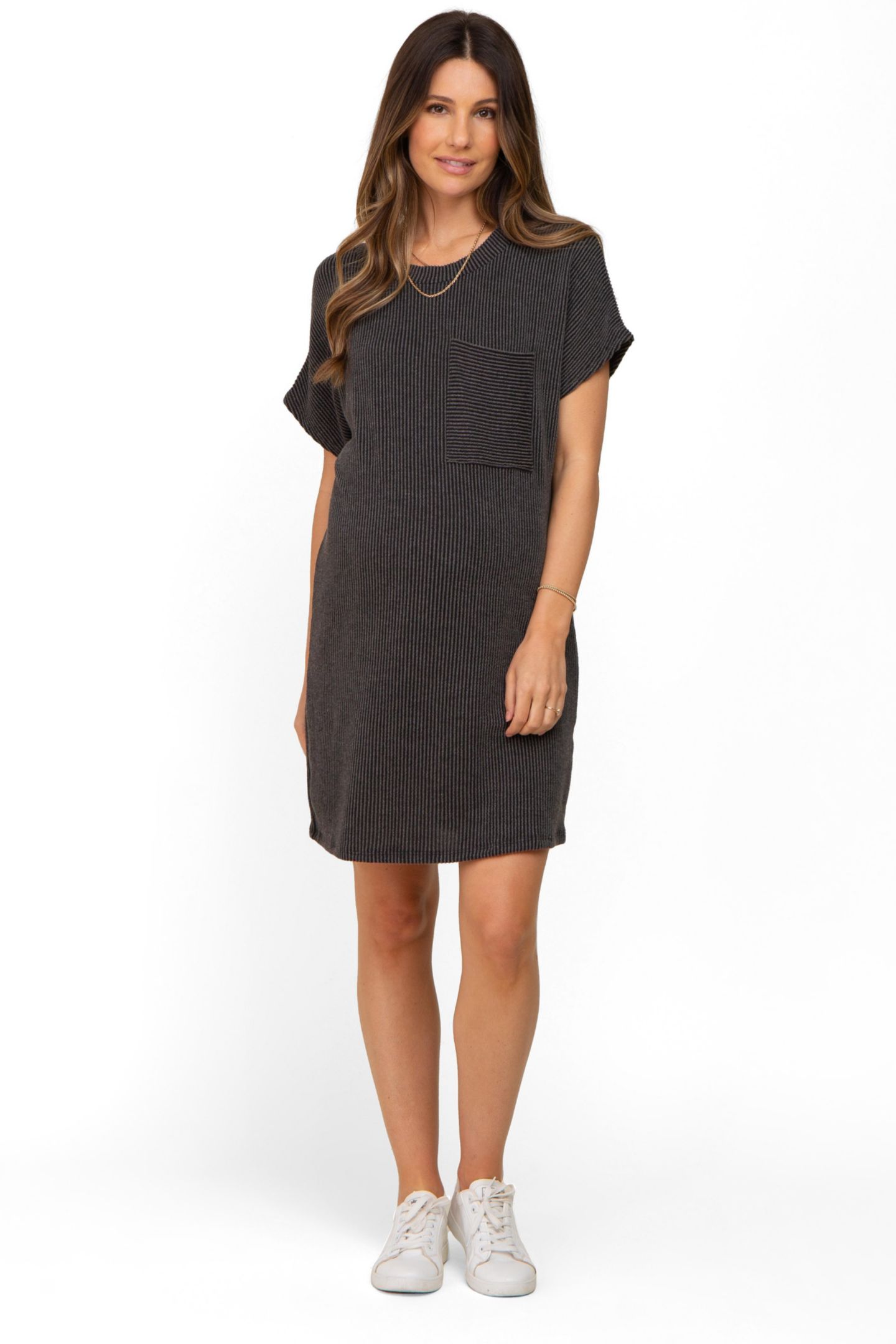 Женское платье Pinkblush Charcoal Ribbed Front Pocket Dolman Short Sleeve, цвет: Угольный серый — фото 1