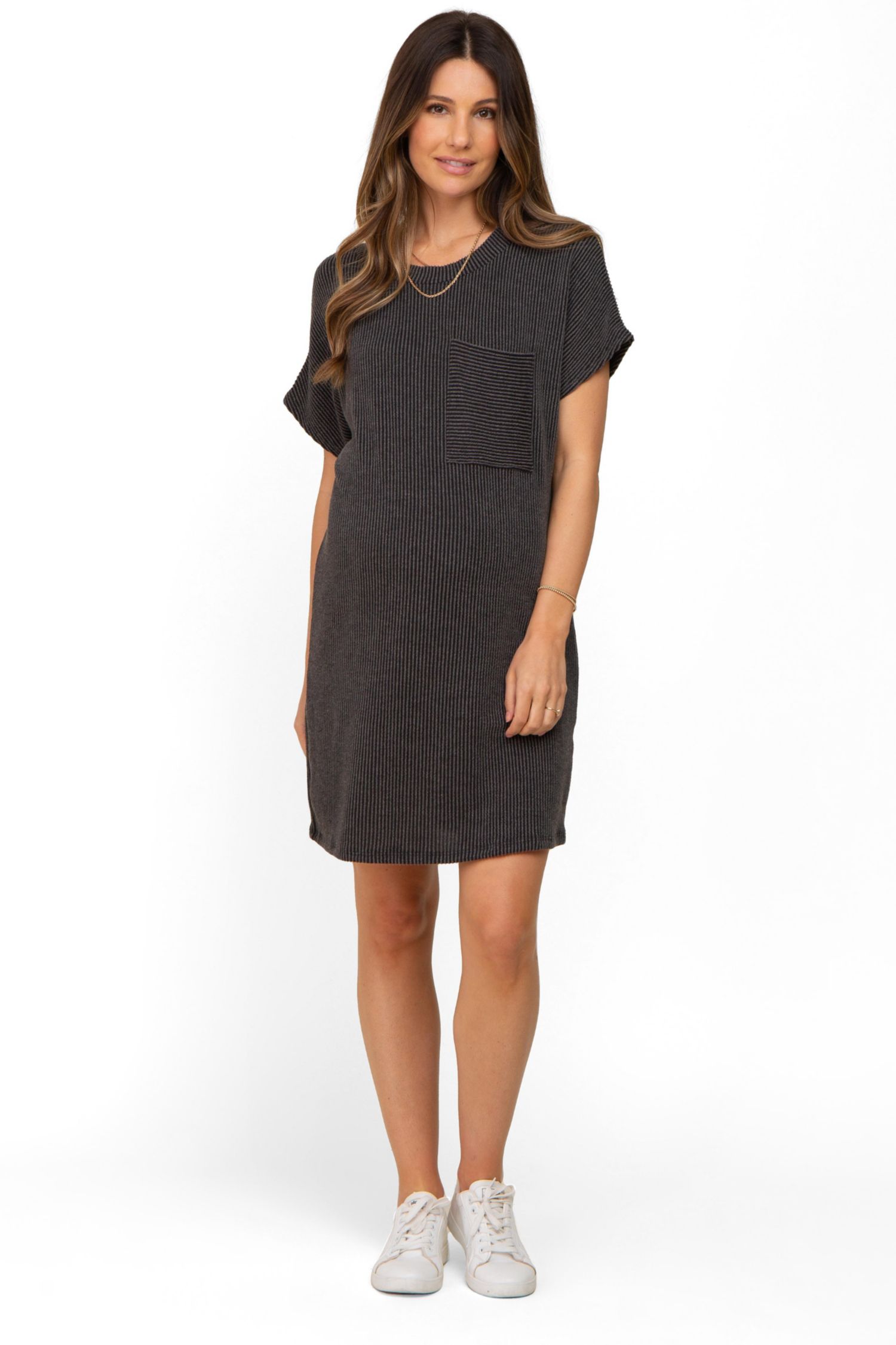 Women's Charcoal Ribbed Front Pocket Dolman Short Sleeve Dress