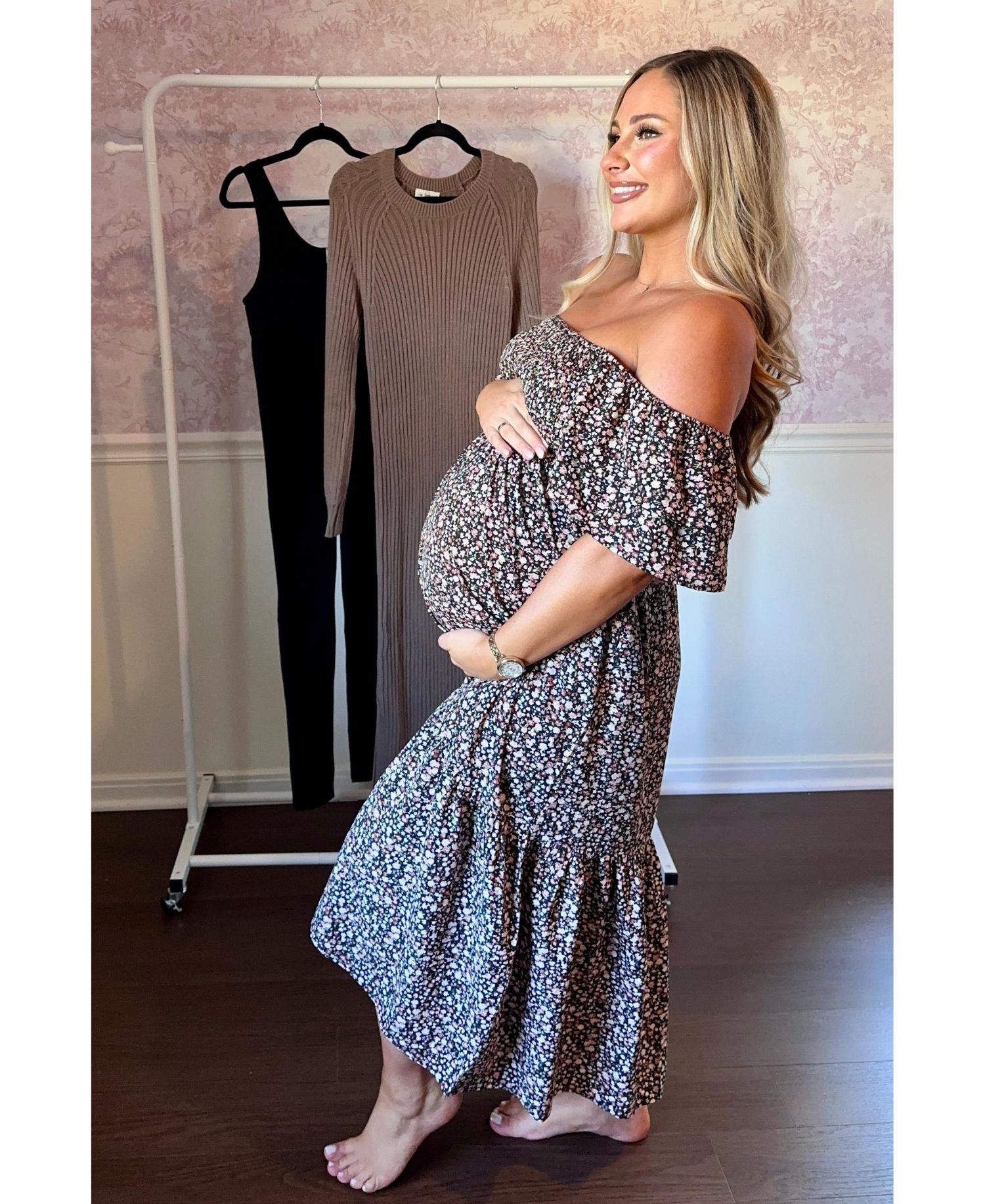 Women's Cream Floral Flutter Midi Dress