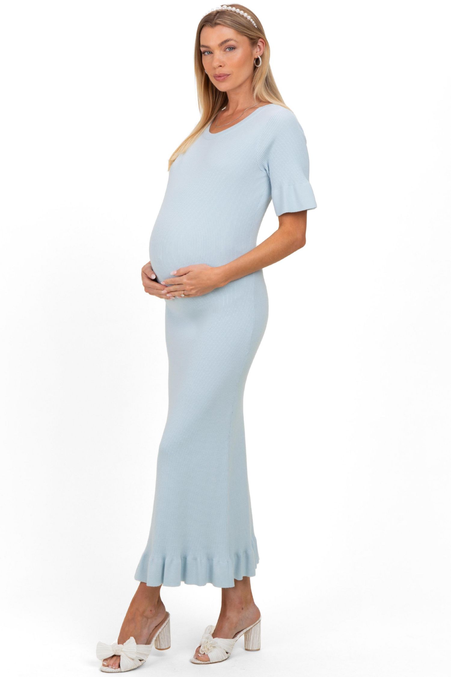 Women's Sky Ribbed Knit Bow Back Ruffle Accent Dress