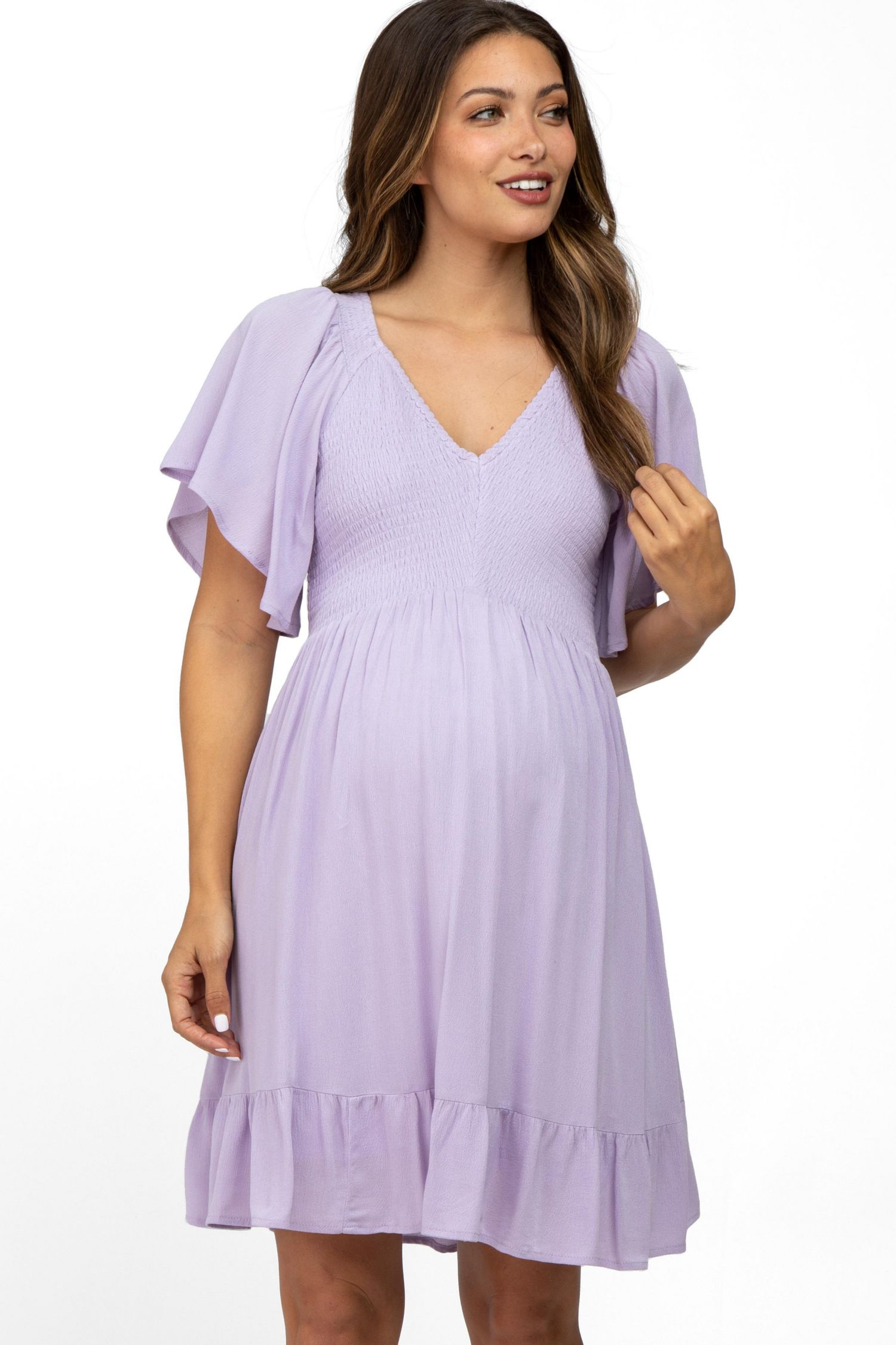 Women's Lavender Smocked Front Ruffle Hem Dress