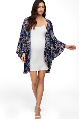 Maternity Navy Blue Floral Bell Sleeve Cover Up