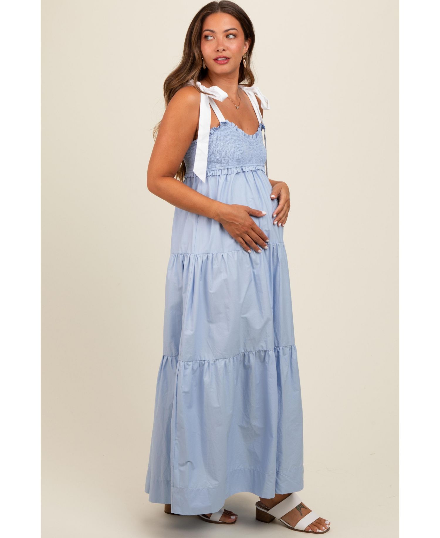 Women's Light Blue Contrast Shoulder Straps Maxi Dress