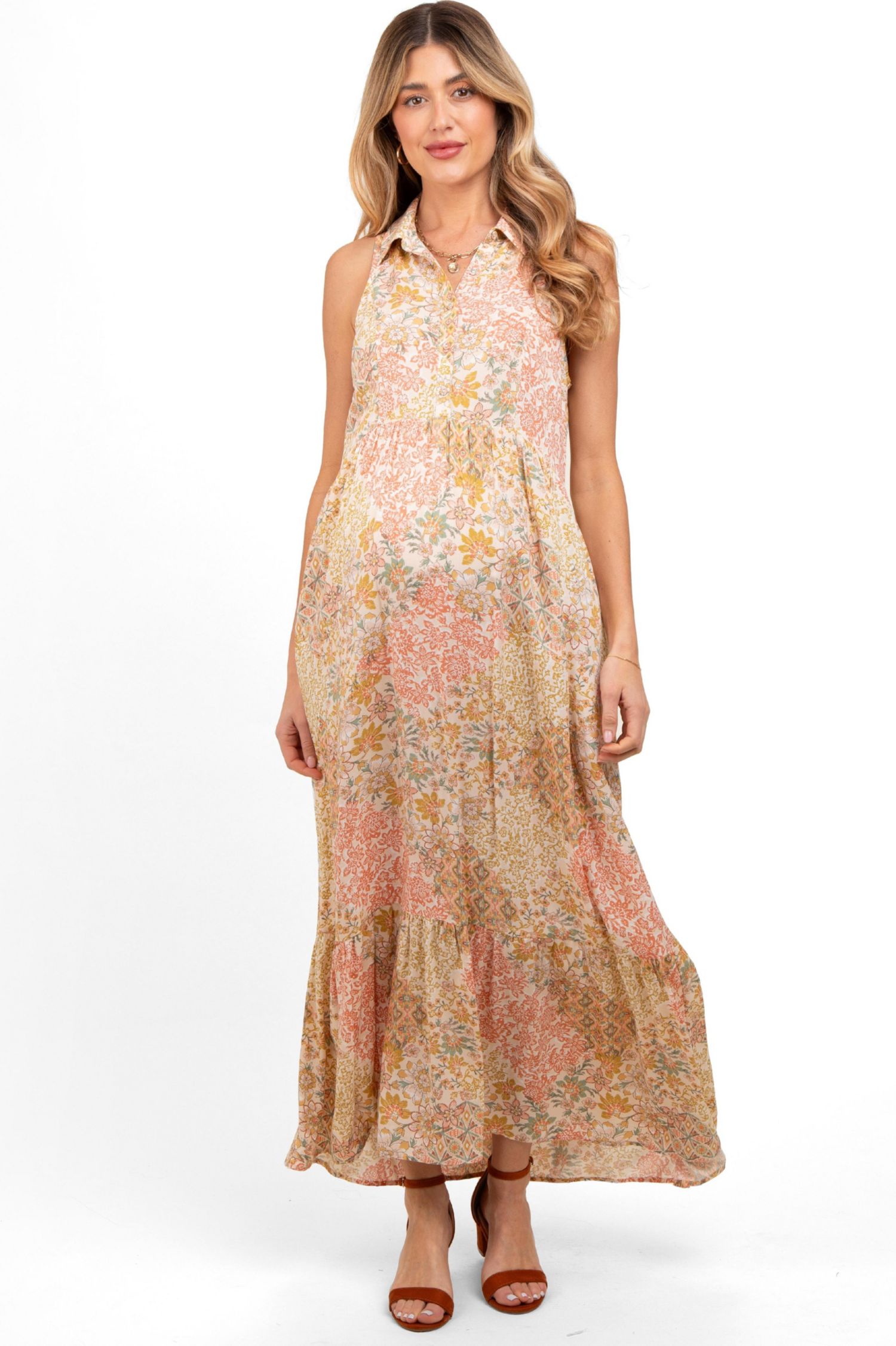 Women's Peach Floral Sleeveless Button Tiered Collared Maxi Dress