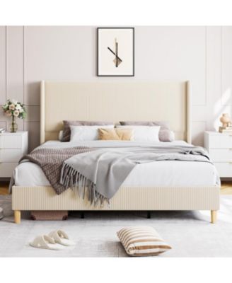 Bed Frame, Upholstered Platform Corduroy Bed Frame with Vertical Channel Tufted Wingback Headboard, Strong Wooden Slats, No Box Spring Needed