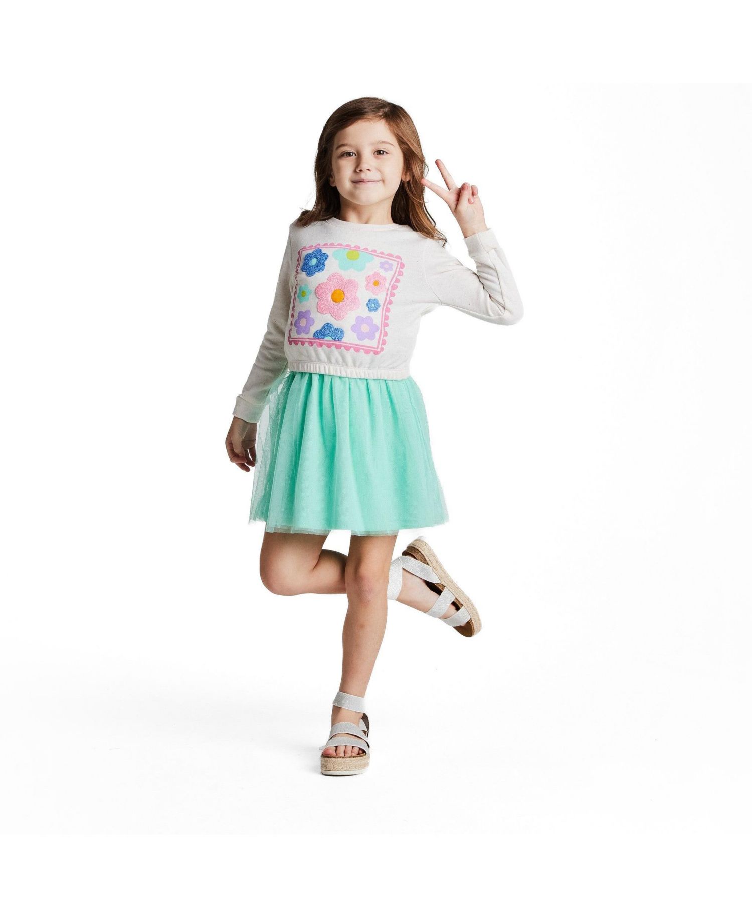 Little Girls Aqua Chenille Floral Sweatshirt and Tulle Tank Dress Set