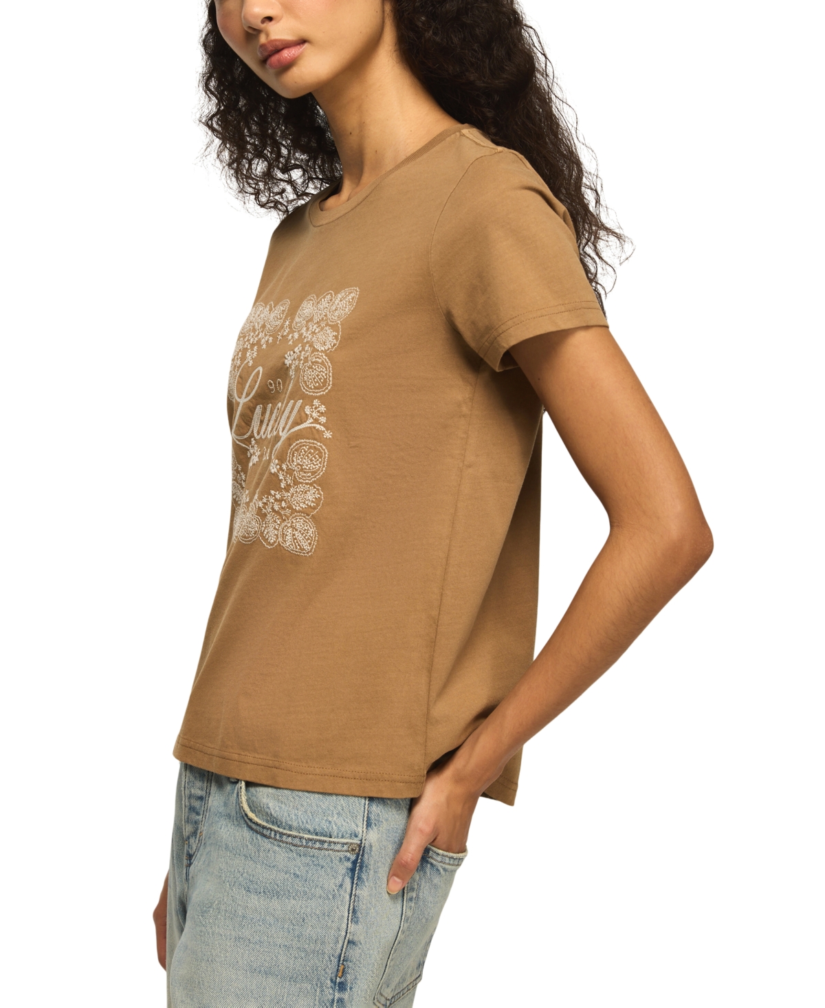 Lucky Brand Women's Lace-Detailed Floral Frame Motif T-Shirt