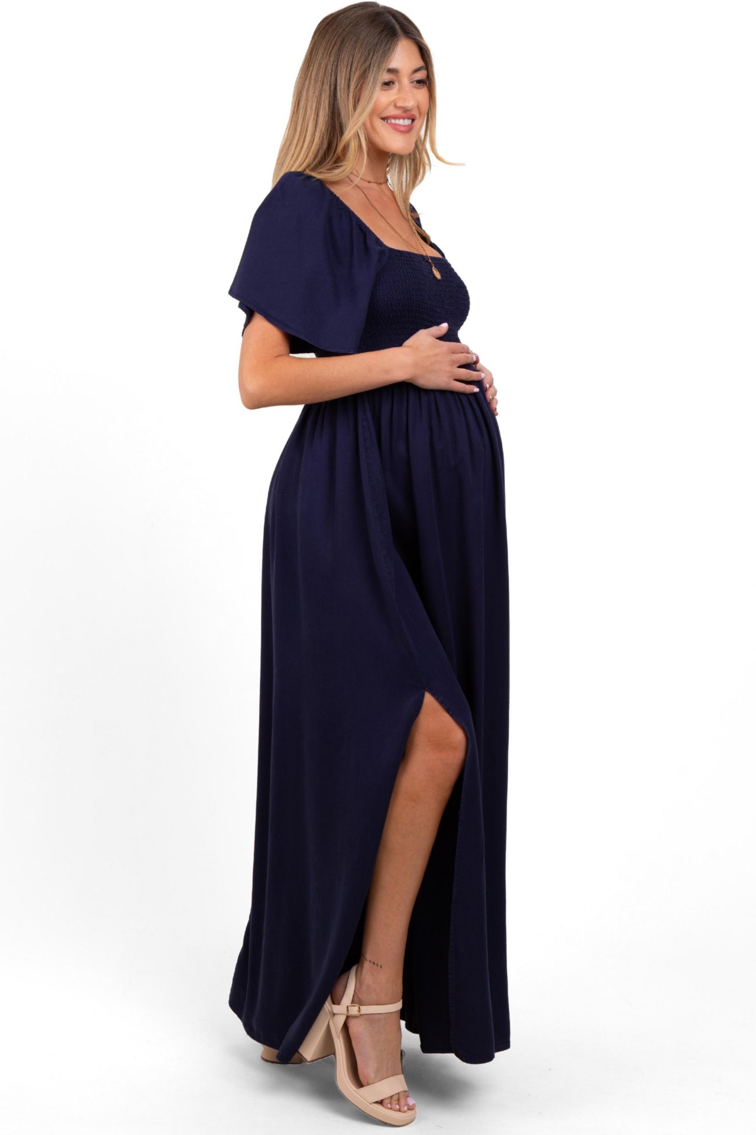 Women's Navy Chambray Smocked Maxi Dress