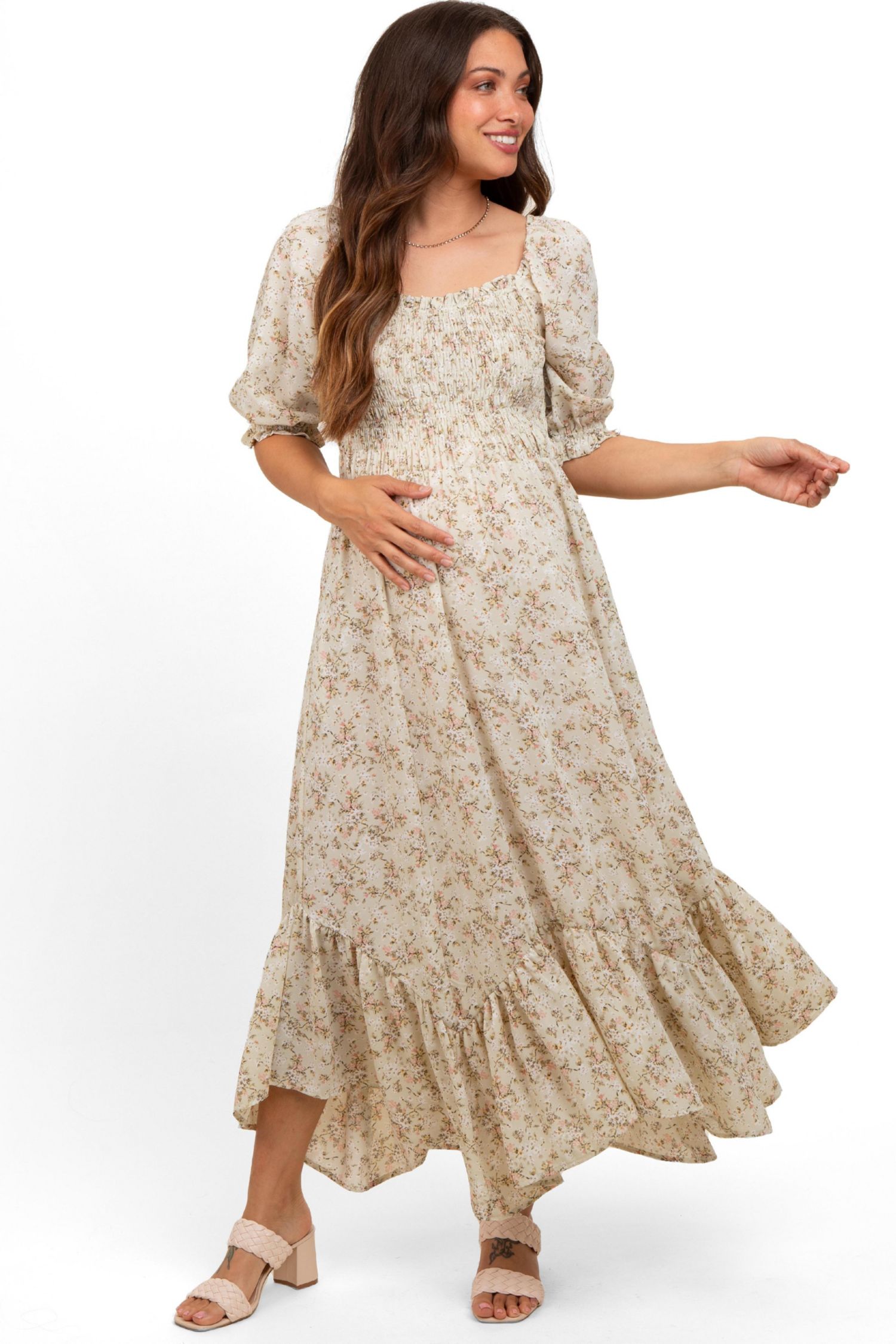 Women's Light Olive Smocked Handkerchief Hem Dress