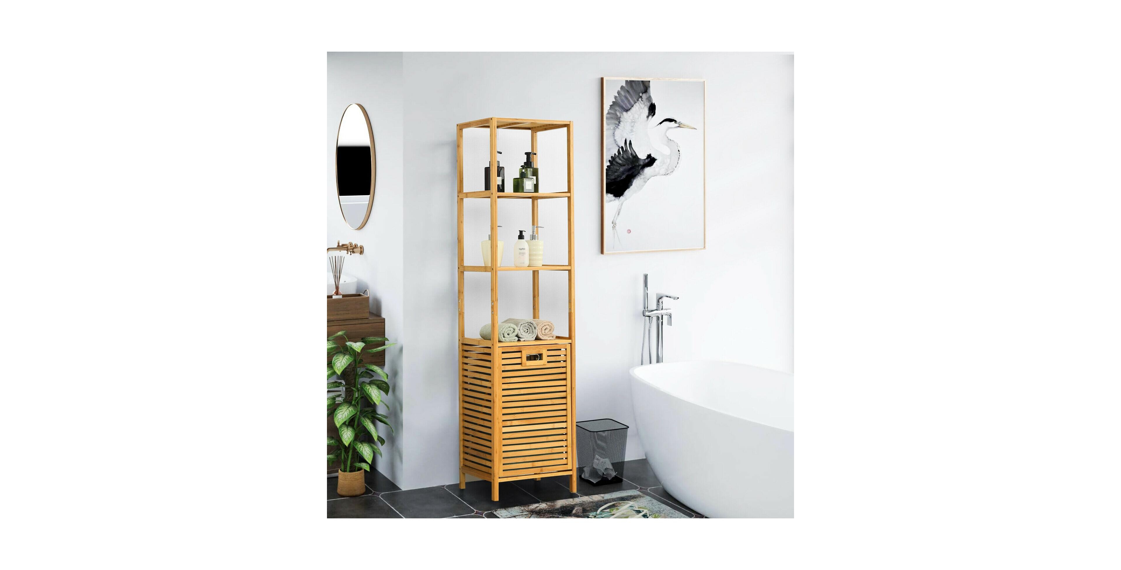 sumyeg Bamboo Tower Laundry Hamper Organizer with 3-Tier Storage Shelves