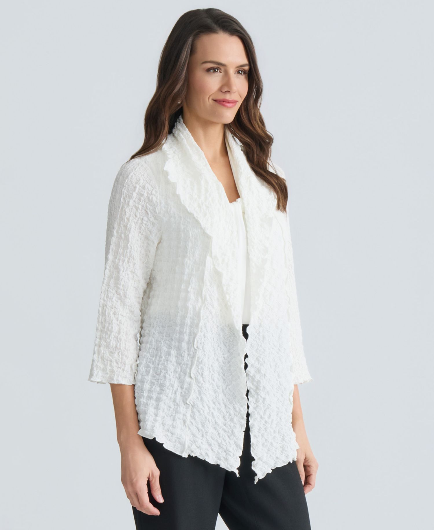 Women's 3/4-Sleeve Crinkle Knit Open-Front Jacket