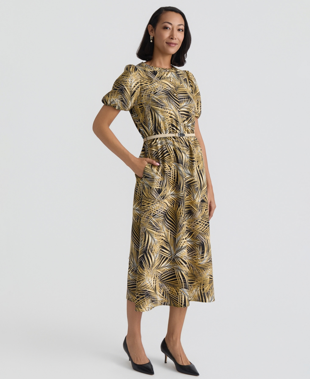 Kasper Women's Crewneck Puff-Sleeve Shirt Dress