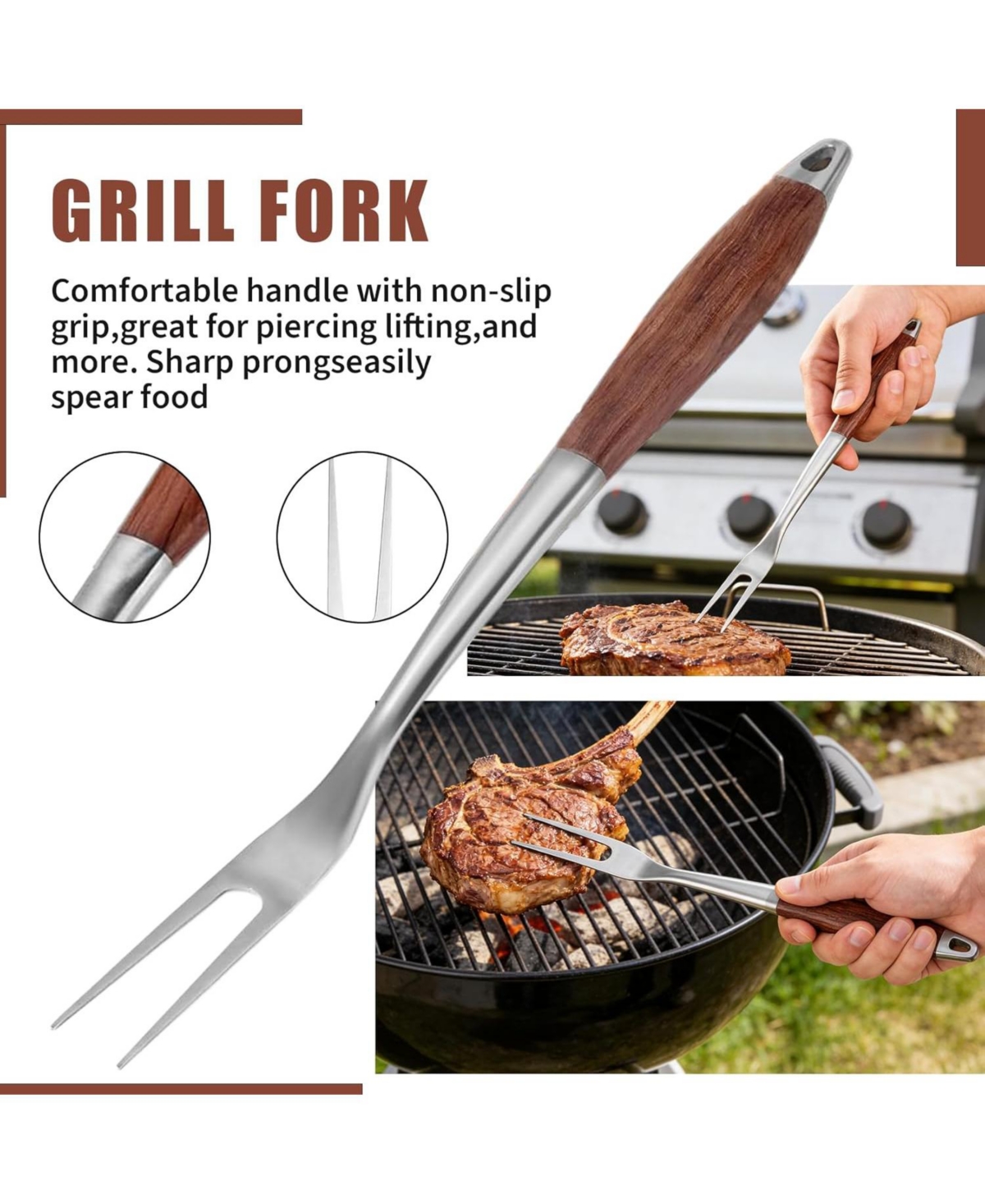 Xo 4-Piece Bbq Tools Set, Stainless Steel Spatula Fork Brush Tongs, Rosewood Handles