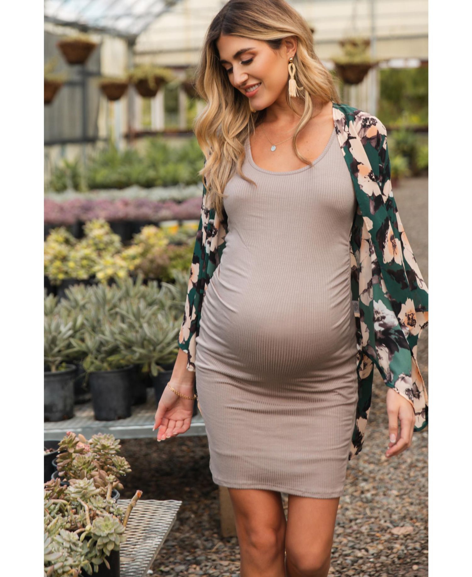Women's Mocha Ribbed Ruched Sleeveless Dress
