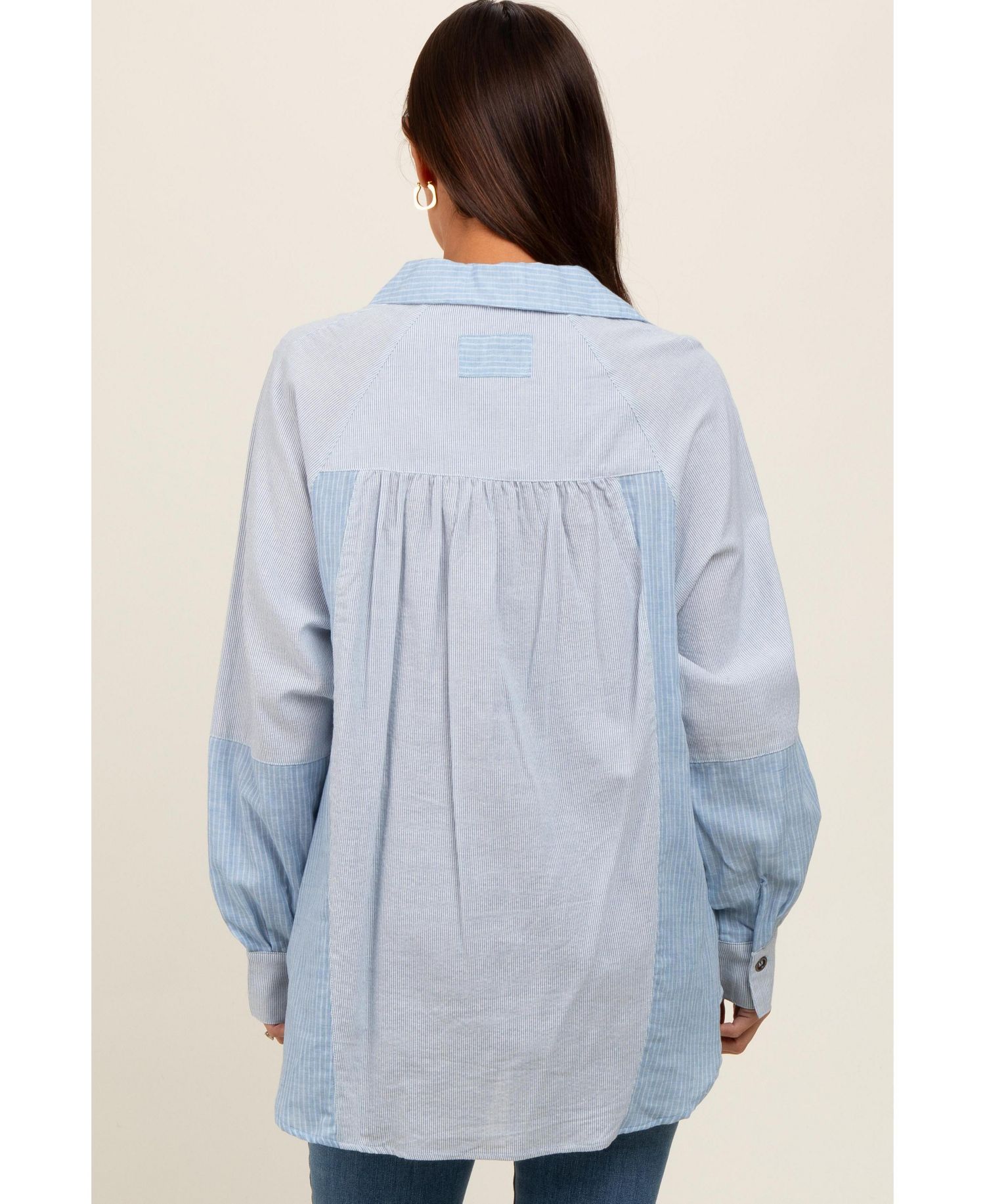 Women's Light Blue Striped Colorblock Button Up Top