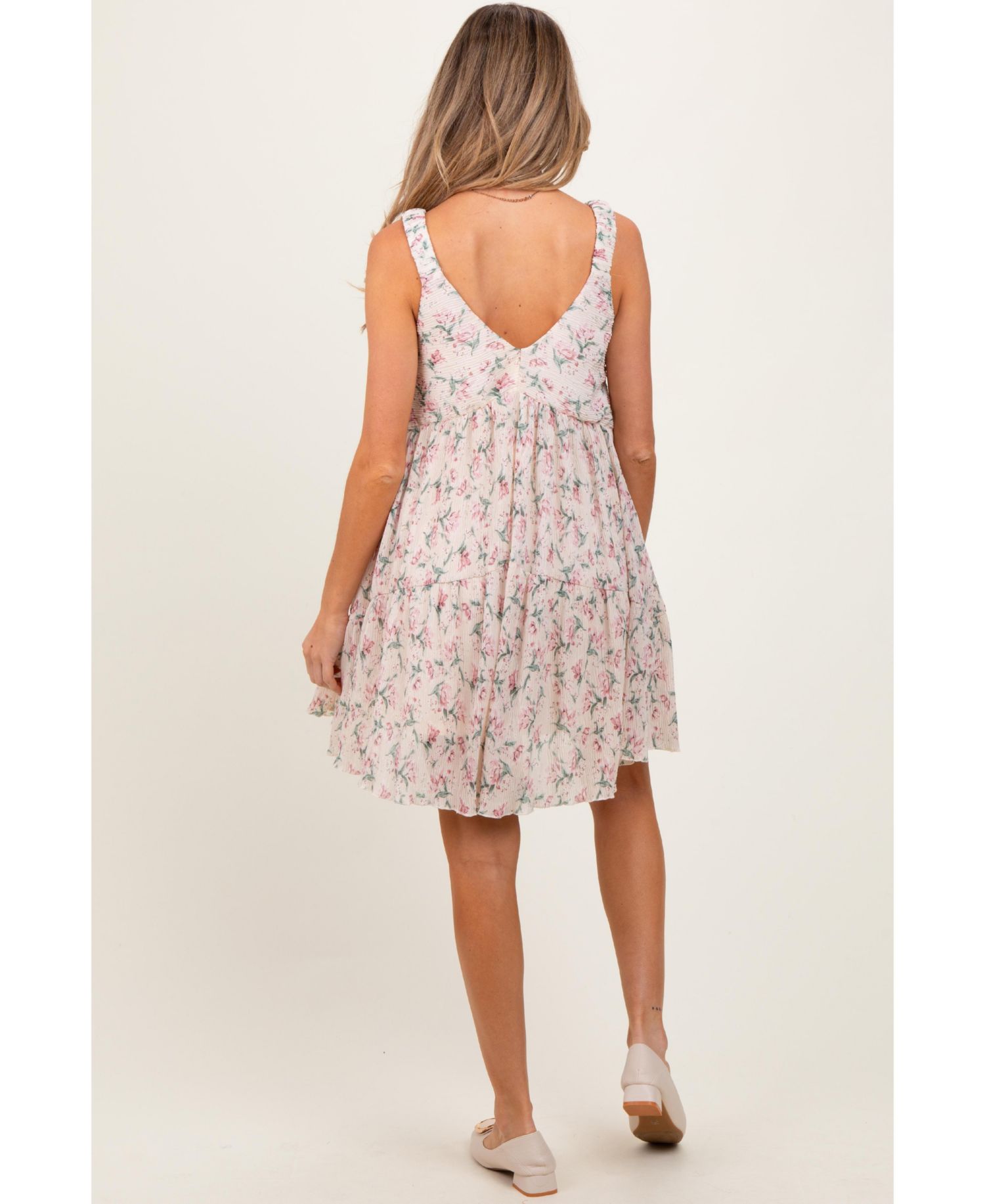 Women's Pink Floral Plisse Texture Mini Dress