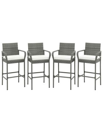 Set of 4 Rattan Patio Bar Stools Outdoor Bar Height Chairs with Cushions
