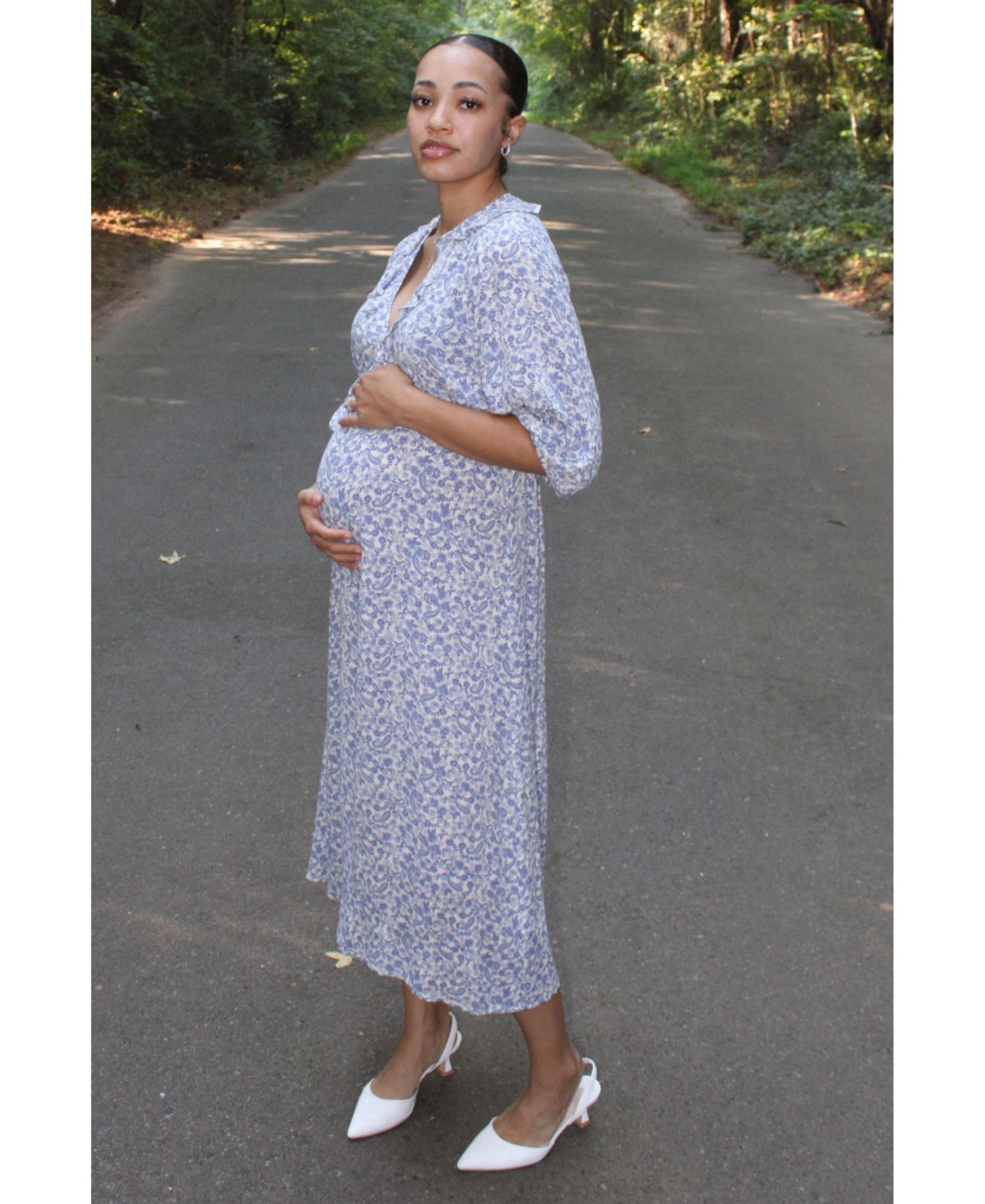 Women's Blue Floral Ruffle V-Neck Midi Dress